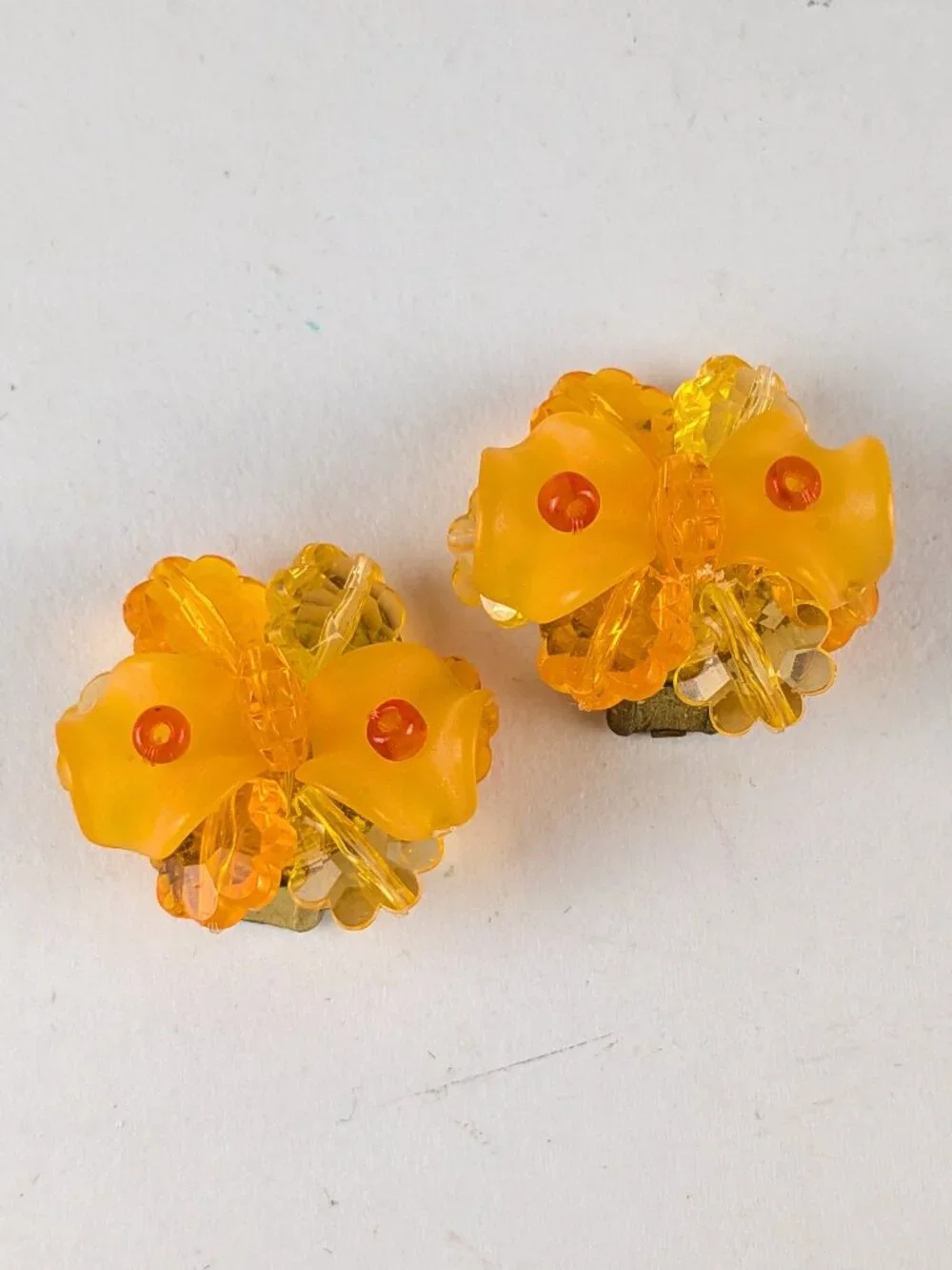 Vintage Orange Floral Beaded Clip-On Earrings